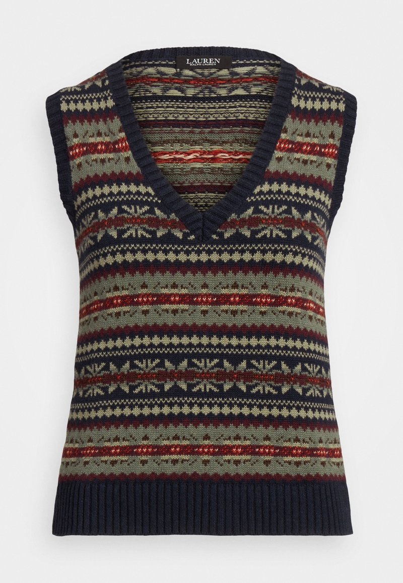 Gilet sans manches à encolure en V en maille avec motifs géométriques et flocons de neige en bleu marine, olive, bordeaux et crème, ourlet et encolure côtelés.