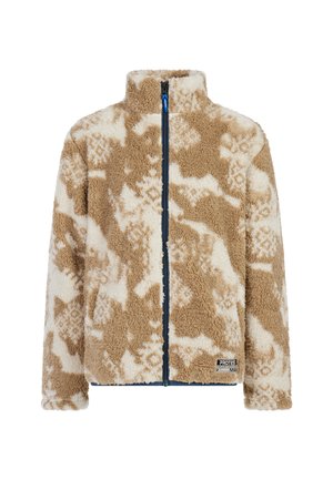 Bruine en roomkleurige fleecejack met hoge kraag, volledige rits en sneeuwvlokpatroon; heeft een logotag nabij de zoom.