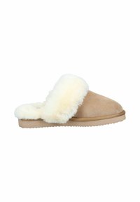Suede slipper in beige with a plush white faux fur collar. Low profile design with a textured light rubber sole for grip.