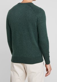 Persona che indossa un maglione a maglia verde scuro e pantaloni beige chiaro, mostrata di spalle su uno sfondo grigio chiaro uniforme.