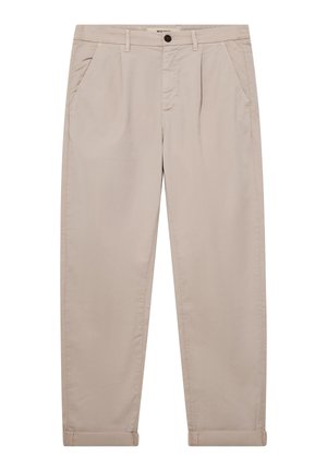 Beige gerade geschnittene Hose mit Vordertaschen, Gürtelschlaufen, Knopfverschluss und aufgerollten Bündchen.