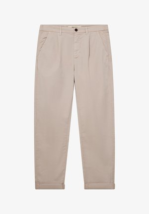 Beige gerade geschnittene Hose mit Vordertaschen, Gürtelschlaufen, Knopfverschluss und aufgerollten Bündchen.
