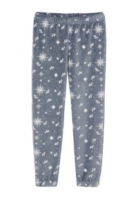 Gray fabric pajama pants with an elastic waistband, featuring a white winter-themed pattern of stars and leaves across the surface.