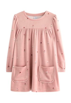 Rosa Fleece-Kleid mit langen Puffärmeln, rundem Hals, gerafftem Oberteil und zwei vorderen Taschen mit floralem Stickereimuster.