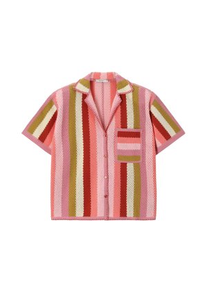 Chemise en maille à manches courtes avec boutons, rayures verticales rose, rouge, olive et crème et poche poitrine rayée assortie.