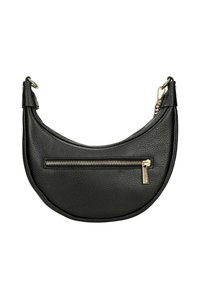 Černá kožená kabelka ve tvaru měsíce s zlatým zipem a odnímatelným ramenním popruhem se zlatými kovovými detaily.