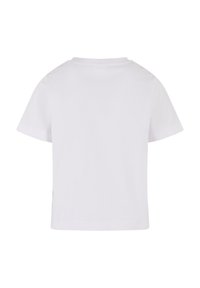 T-shirt blanc uni à manches courtes montré de dos avec un col rond sur fond blanc.