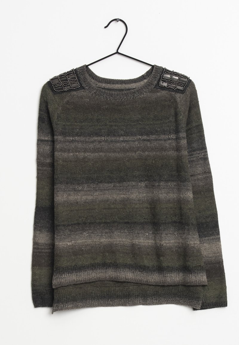 Graugrüner gestreifter Pullover aus weichem Stoff. Mit verzierten Schulterakzenten. Lange Ärmel mit Rundhalsausschnitt und geripptem Saum.