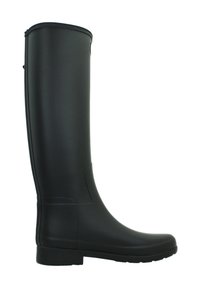 Musta kuminen polvenkorkuinen saapas, jossa on sileä pinta, pyöreä kärki, matala korko ja hienovarainen sauman yksityiskohta sivulla.