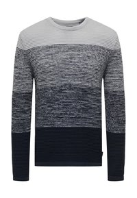 Pulover pentru bărbați cu un model gradient care trece de la gri deschis la bleumarin închis, textură țesută, și mâneci lungi. Decupaj rotund la gât.