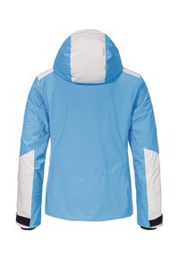 Hellblaue Jacke mit einer weißen Kapuze und Schulterakzenten. Verfügt über kontrastierende weiße Einsätze an den Ärmeln und dunkle Bündchen.