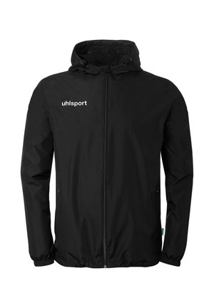 Schwarze Kapuzenjacke mit durchgehendem Frontreißverschluss, elastischen Bündchen, Seitentaschen und weißem "uhlsport" Logo auf der linken Brust.