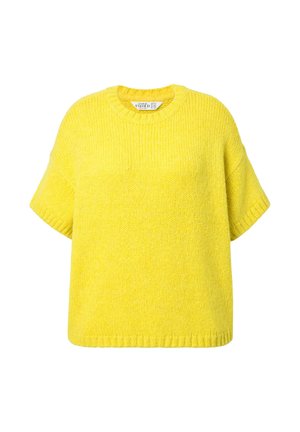 Žlutý pletený svetr s krátkými rukávy, kulatým výstřihem a mírně boxy střihem. Měkká textura a podrobnosti s ribováním na lemech.