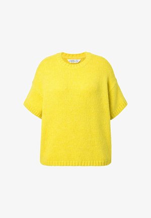 Geel gebreid truitje met korte mouwen, een ronde halslijn en een iets boxy pasvorm. Zachte textuur en geribbelde zoomdetails.