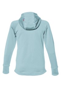 Ljusblå långärmad hoodie med rund huva, släta sömmar och tumhål vid ärmarna. Bakvy som visar en enkel design utan synliga logotyper.