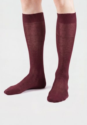 Beine mit kniehohen, halbtransparenten burgunderfarbenen Socken, die auf einer weißen Oberfläche vor einem schlichten Hintergrund stehen.