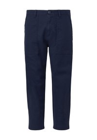 Navyblauwe katoenbroek met een recht model, een knoopsluiting en twee zijzakken met een gladde textuur.