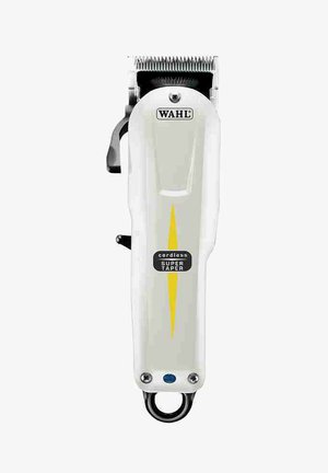 Cordless hair clipper with a white body, yellow stripe, and textured steel blade. Features a black "SUPER TAPER" label and hanging loop.