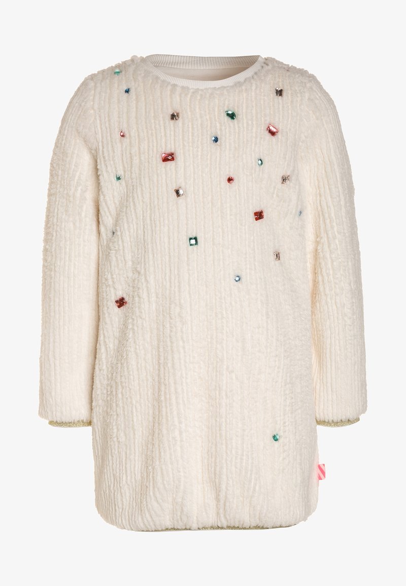 Pull côtelé de couleur crème à manches longues, orné de petits motifs de pierres précieuses multicolores éparpillés sur le devant.