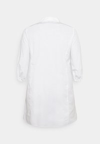 Valkoinen, pitkähihaisempinen paitoimeinen mekko, jossa on kaulus. Mekon pinta on sileä ja A-linjainen muotoilu. Hihoissa on hieman puffia hihansuissa.