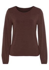 Brun långärmad t-shirt med rundad halsringning. Tyget är mjukt och slätt, med gathered-detaljer vid ärmsluten.