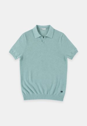 Hellgrünes kurzärmeliges Strick-Poloshirt mit Kragen, V-förmigem Ausschnitt, gerippten Bündchen und Saum, flach auf einem weißen Hintergrund ausgelegt.