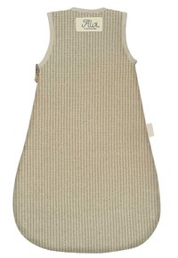 Hellbeige Baby-Schlafsack mit strukturiertem Muster, runder Ausschnitt und seitlichem Reißverschluss für einfachen Zugang. Etikett an der Oberseite.