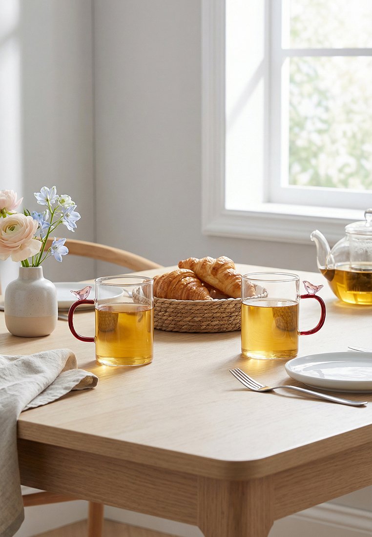 Dwa szklane kubki z herbatą, pleciony koszyk z rogalikami, przezroczysty dzbanek do herbaty, biały talerz, widelec i mały wazon z kwiatami na drewnianym stole przy oknie.