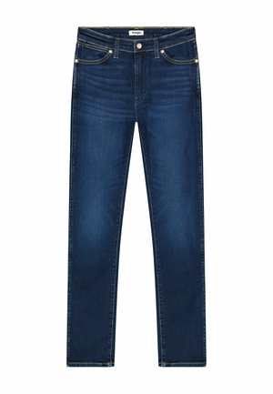 Dunkelblaue Jeans mit geradem Schnitt, goldenen Nähten, Fünf-Taschen-Design und klassischem Knopfverschluss an der Taille.