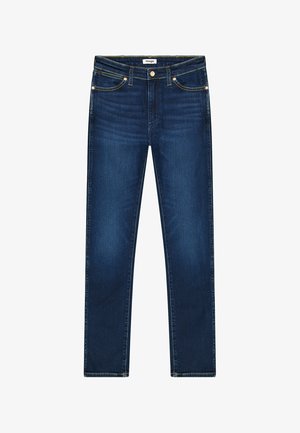 Tummansinisiä farkkuja suoran mallin, kultaisella ompelulla, viidellä taskulla ja klassisella nappikiinnityksellä vyötäröllä.