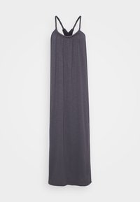Rochie maxi fără mâneci, de culoare gri închis, cu bretele împletite și decolteu plisat, având o textură netedă și moale. Fără modele vizibile sau elemente metalice.