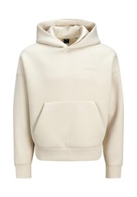 Beige hoodie gemaakt van zachte stof. Heeft een voorkenniszak en ribgebreide manchetten. Eenvoudig, minimalistisch ontwerp zonder patronen.