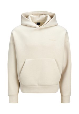 Sweatshirt à capuche beige en tissu doux. Caractérisé par une poche kangourou à l'avant et des poignets côtelés. Design simple et minimaliste sans motifs.