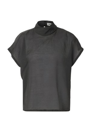 Dunkelgraue Kurzarmbluse mit hohem Kragen und Rückenknopfverschluss aus leichtem, leicht transparentem Stoff.