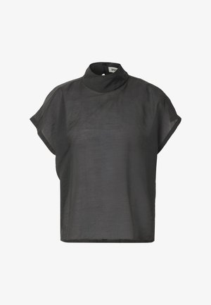 Dunkelgraue Kurzarmbluse mit hohem Kragen und Rückenknopfverschluss aus leichtem, leicht transparentem Stoff.
