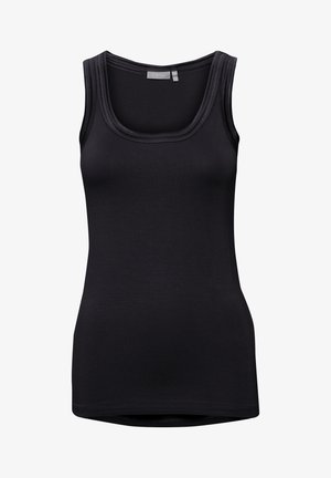 Black fitted tank top with wide straps, scoop neckline, and smooth texture. Made of stretchy fabric, it features a seamless design.