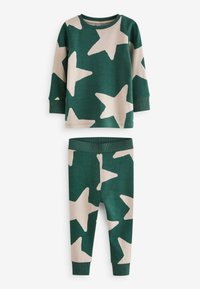 Grünes Loungewear-Set mit einem langärmligen Oberteil und einer Hose mit einem beigen Sternenmuster. Weicher Stoff und gerippte Bündchen für zusätzlichen Komfort.