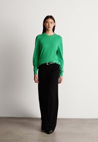 Πράσινο μακρυμάνικο πουλόβερ συνδυασμένο με μαύρες φαρδιές παντελόνες, που διαθέτουν εφαρμοστή μέση με ζώνη. Λείος υφάσματος, απλός σχεδιασμός.