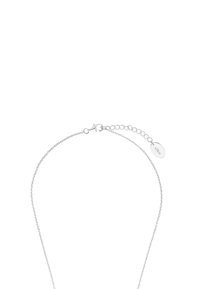 Collana in argento con maglie finemente lavorate, chiusura a moschettone e catena di estensione con un ciondolo rotondo attaccato.