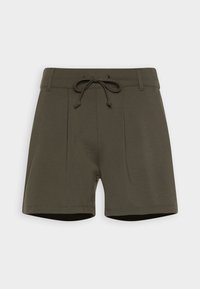 Shorts verde oliva con vita regolabile, parte anteriore plissettata e texture liscia. Caratterizzati da un taglio a metà coscia e senza tasche visibili.