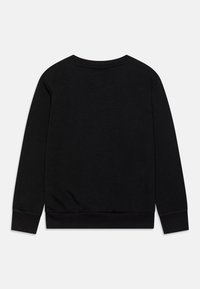 Felpa nera con maniche lunghe, scollatura rotonda e polsini e orlo a costine. Texture liscia, vista completa sul retro, design minimale.