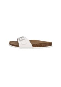White slide sandal with shiny patent upper, adjustable buckle detail, brown cork footbed, and white rubber outsole. Flat design.