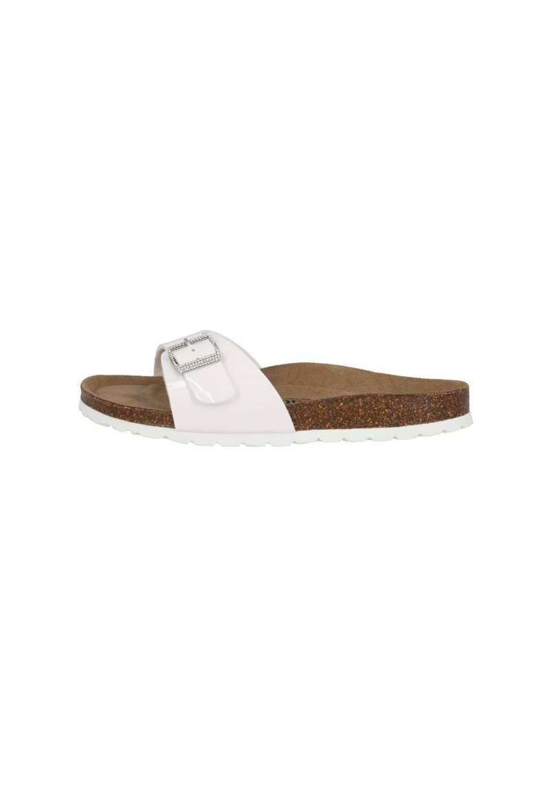 White slide sandal with shiny patent upper, adjustable buckle detail, brown cork footbed, and white rubber outsole. Flat design.