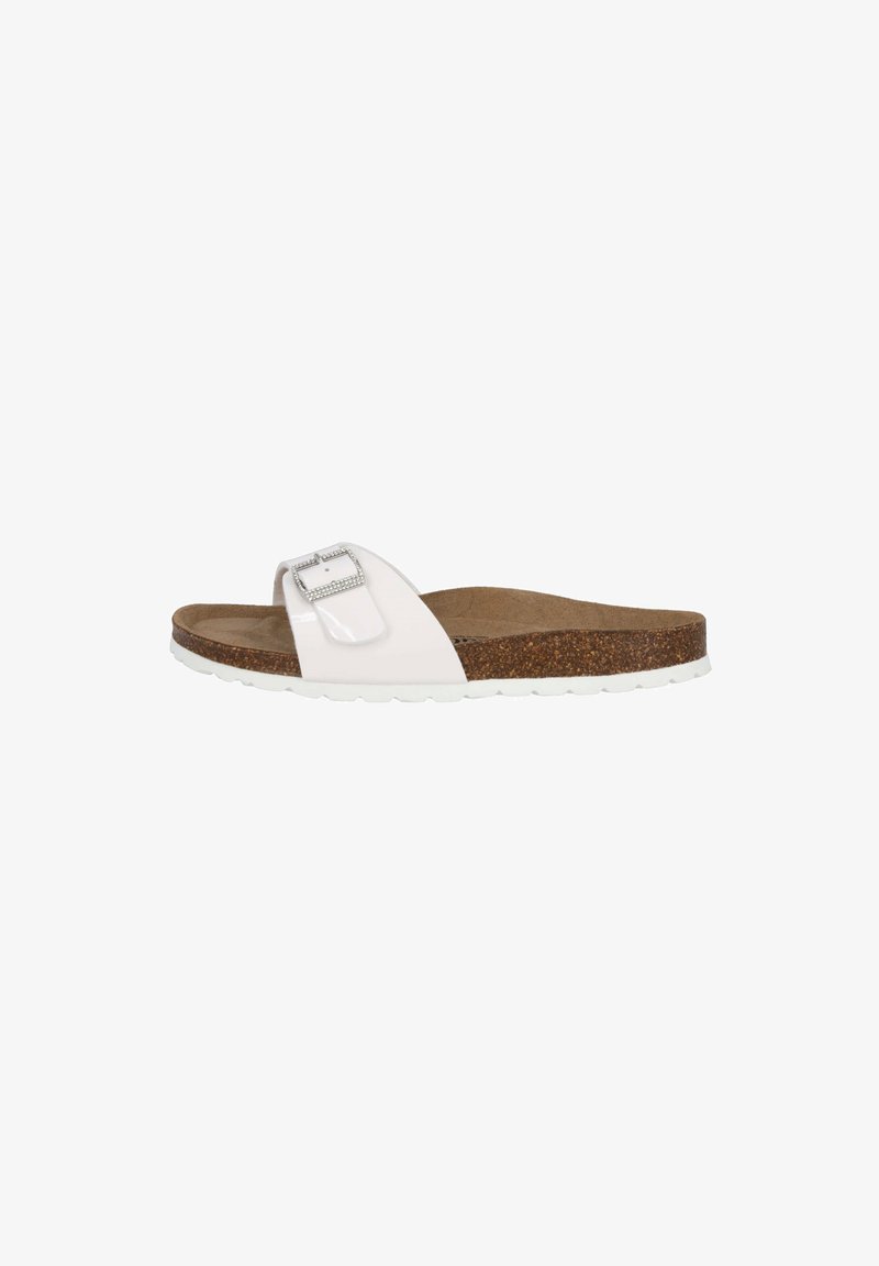 White slide sandal with shiny patent upper, adjustable buckle detail, brown cork footbed, and white rubber outsole. Flat design.
