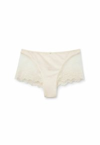 Beige hipsterondergoed met kantafwerking, featuring een zachte elastische tailleband en bloemenkantaccenten aan de zijkanten. Gemaakt van een gladde katoenmix.