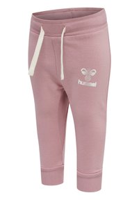 Ljusrosa bomulls-joggingbyxor med snöre i vitt, ribbade uppvik och en liten vit logotyp på framsidan. Mjuk textur och avslappnad passform.