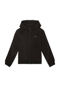 Sudadera con cremallera negra hecha de material suave, con capucha, puños acanalados y costuras de acento azul a lo largo de los hombros. Logo de Fila en el pecho.
