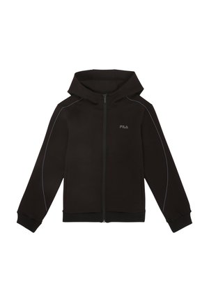 Sudadera con cremallera negra hecha de material suave, con capucha, puños acanalados y costuras de acento azul a lo largo de los hombros. Logo de Fila en el pecho.