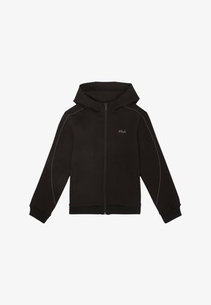 Zwarte zip-up hoodie van zacht materiaal, met een capuchon, geribbelde manchetten en blauwe accentstiks langs de schouders. Fila-logo op de borst.