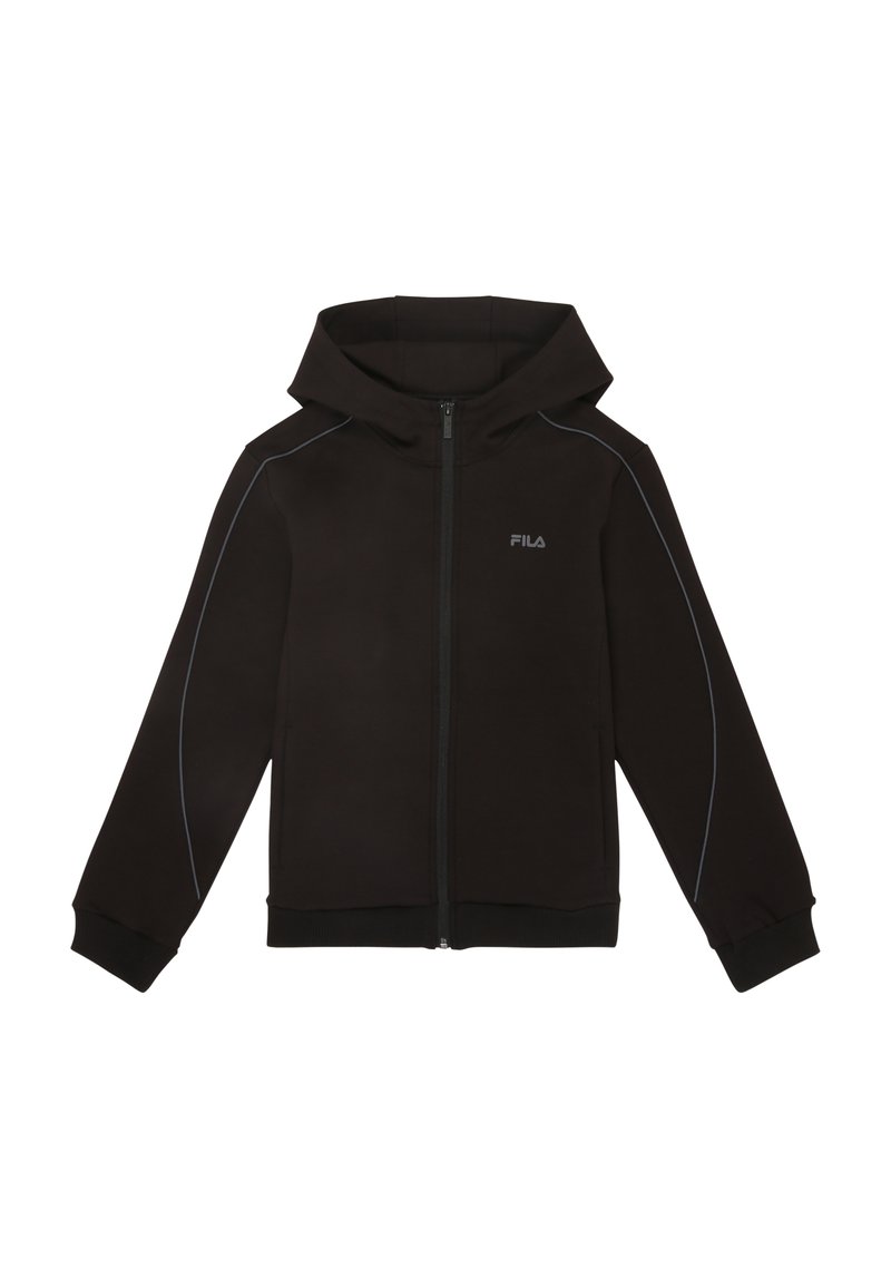 Sudadera con cremallera negra hecha de material suave, con capucha, puños acanalados y costuras de acento azul a lo largo de los hombros. Logo de Fila en el pecho.